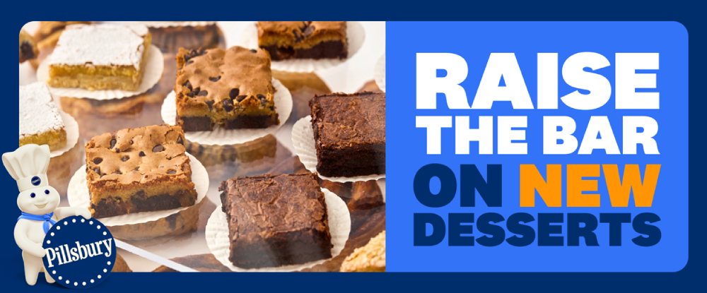NEW Pillsbury™ Sheeted Desserts hero image featuring premium thaw-and-serve dessert bars for restaurant menus.