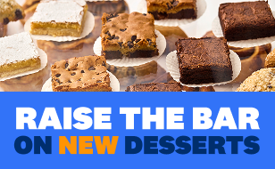 NEW Pillsbury™ Sheeted Desserts hero image featuring premium thaw-and-serve dessert bars for restaurant menus.