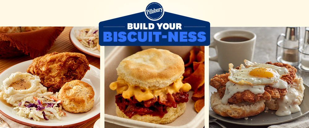 Three images of biscuits. One with chicken, slaw and mashed potatoes; one biscuit sandwich; one covered with gravy and a fried egg